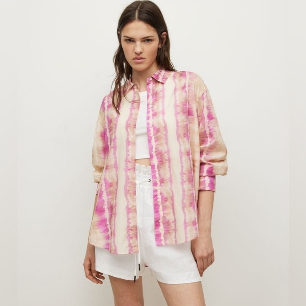 All Saints Rali Marea Boyfriend Pink & Cream Watercolor Button Down Shirt Size 4